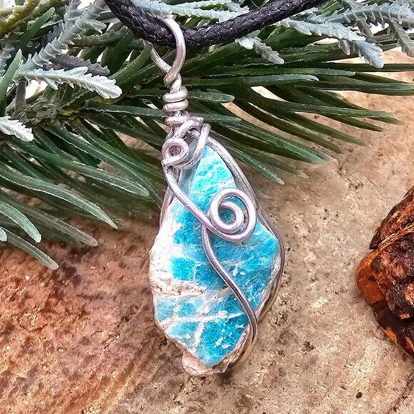 Nature Amazonite Raw Stone Wire Wrapped Pendant Necklace - Picture 1 of 10